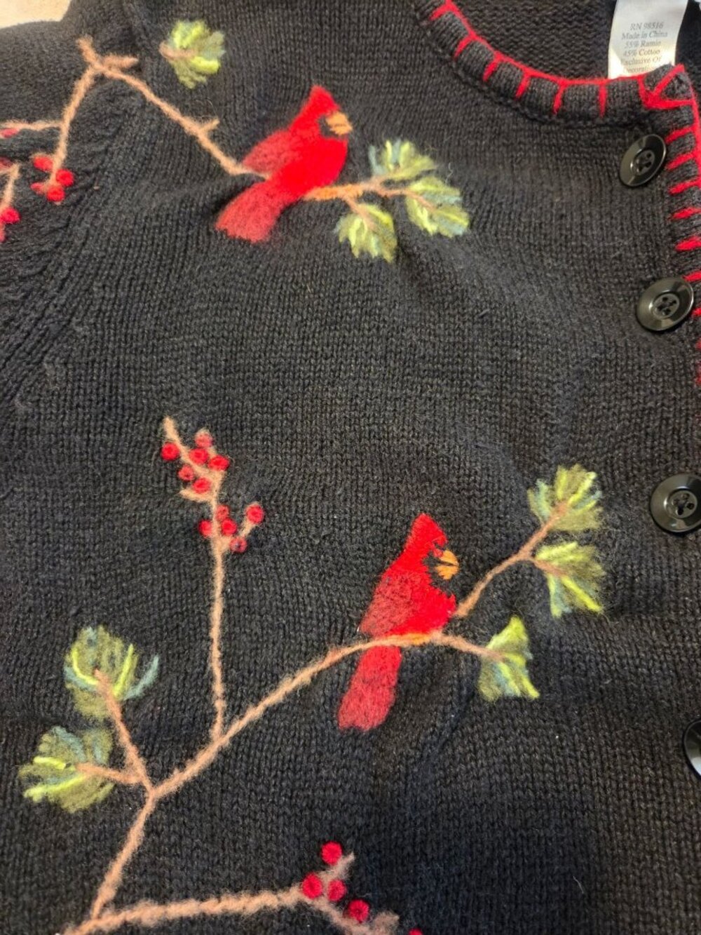 Coldwater Creek Christmas Cardigan Sweater L Red Cardinal Embroidered Holiday - Picture 6 of 6